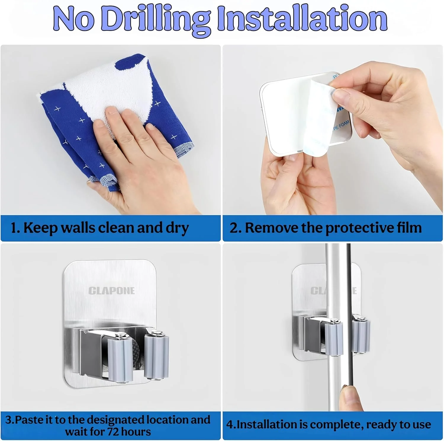 MECHDEL 2 Piece Self Adhesive Mop Holder/Wall Mounted Wiper Holder/Storage Organizers/Drill-Free Broom Stick Stand for Home/Indoor-Outdoor/Garage/Commercial/Bathroom Essentials/Umbrella(Grey) - Image 4