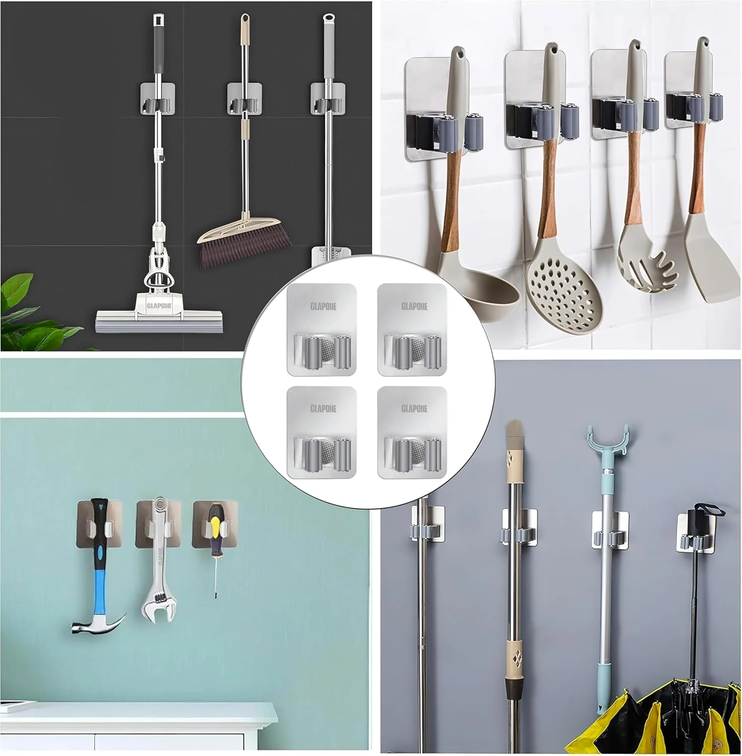 MECHDEL 2 Piece Self Adhesive Mop Holder/Wall Mounted Wiper Holder/Storage Organizers/Drill-Free Broom Stick Stand for Home/Indoor-Outdoor/Garage/Commercial/Bathroom Essentials/Umbrella(Grey) - Image 5