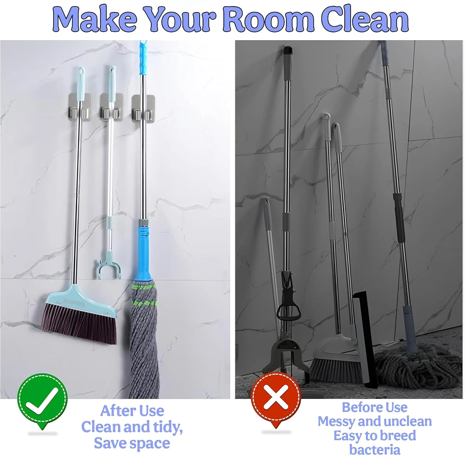 MECHDEL 2 Piece Self Adhesive Mop Holder/Wall Mounted Wiper Holder/Storage Organizers/Drill-Free Broom Stick Stand for Home/Indoor-Outdoor/Garage/Commercial/Bathroom Essentials/Umbrella(Grey) - Image 8