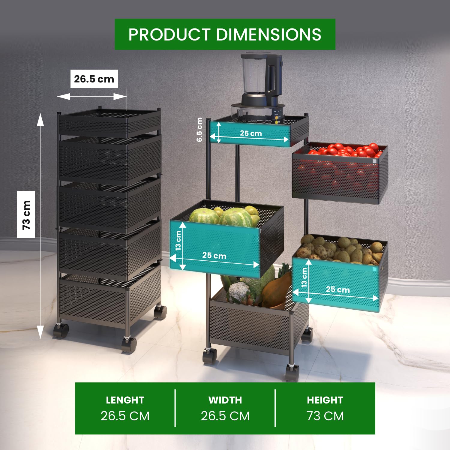MECHDEL 5-Tier Metal Rotating Kitchen Trolley/Spice Rack/Vegetable & Fruit Storage/Organizer Holder and Onion-Potato Storage Basket for Kitchen - Image 3