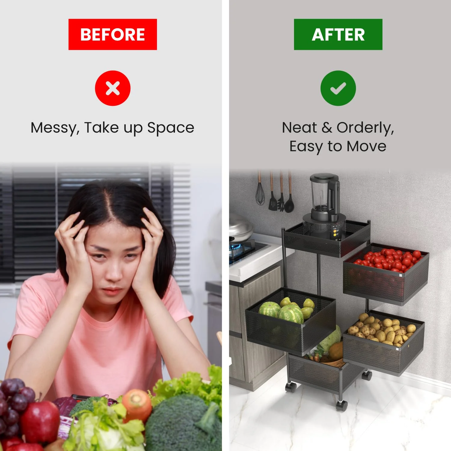 MECHDEL 5-Tier Metal Rotating Kitchen Trolley/Spice Rack/Vegetable & Fruit Storage/Organizer Holder and Onion-Potato Storage Basket for Kitchen - Image 6