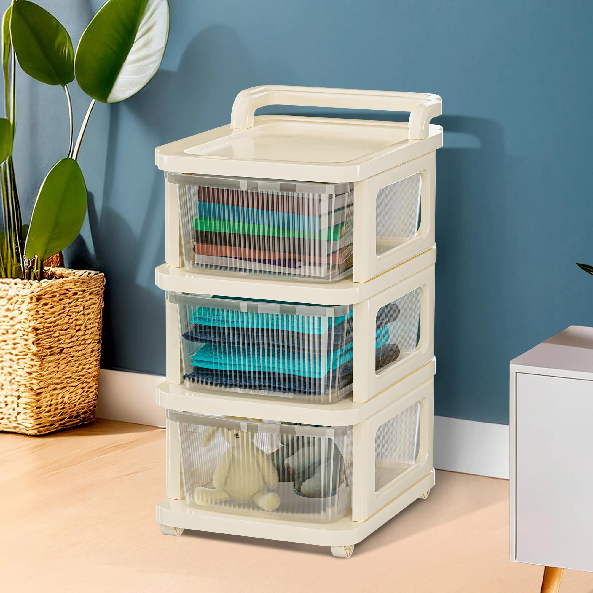 MECHDEL Industries 5 Layer Plastic Modular Storage Drawer Organizer with Wheels | Chest of Drawer Storage Box for Living Room, Office, School and Home | Toys Organiser for Kids Room | Transparent Ivory - Image 13