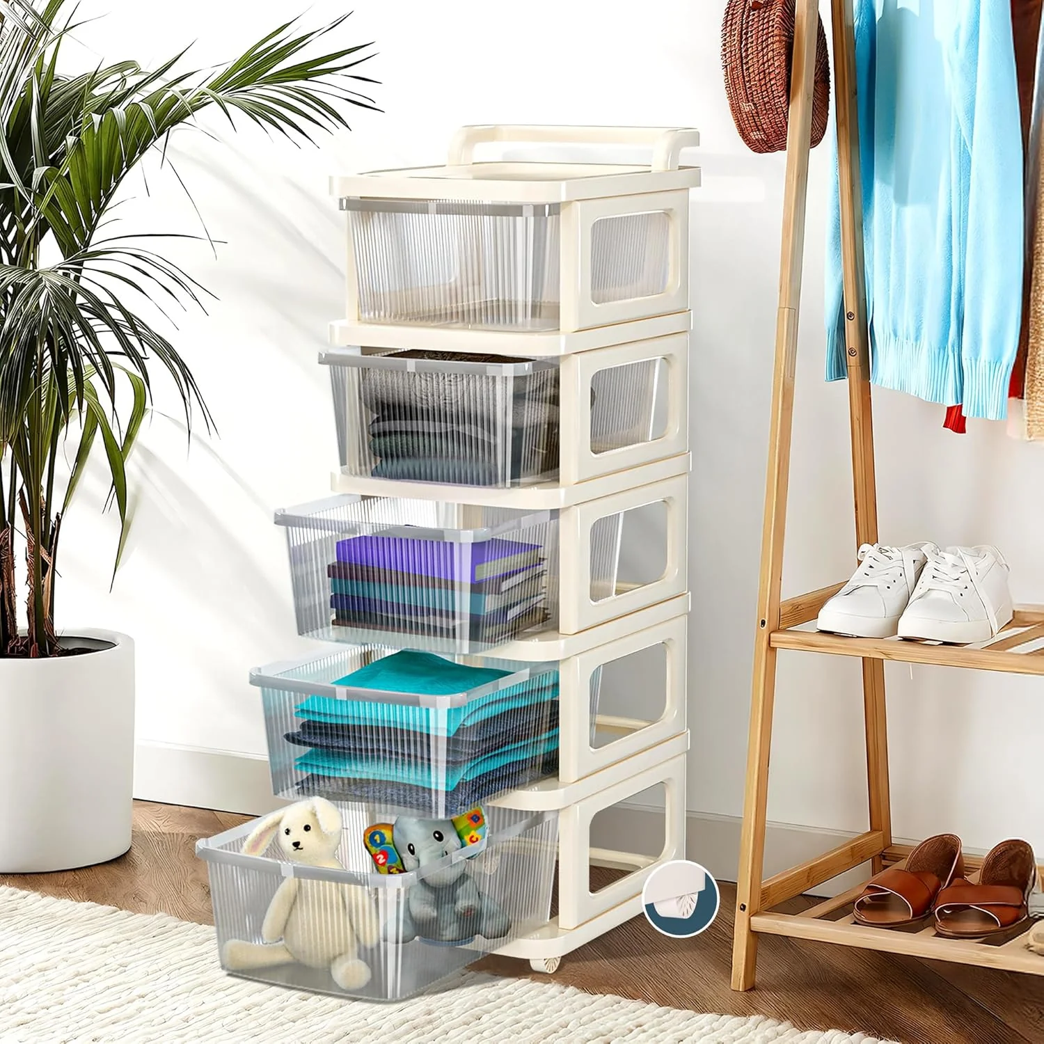MECHDEL Industries 5 Layer Plastic Modular Storage Drawer Organizer with Wheels | Chest of Drawer Storage Box for Living Room, Office, School and Home | Toys Organiser for Kids Room | Transparent Ivory - Image 3