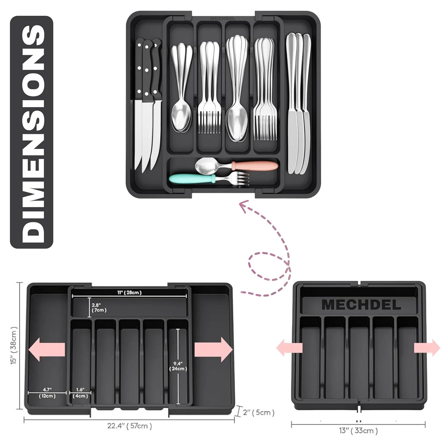 mechdel Drawer Organizer, Expandable BPA Free Utensil Tray for Kitchen, Adjustable Flatware and Cutlery Holder for Spoons Forks Knives, Plastic Kitchen Organizers and Storage (BLACK, 8-Slots) - Image 3