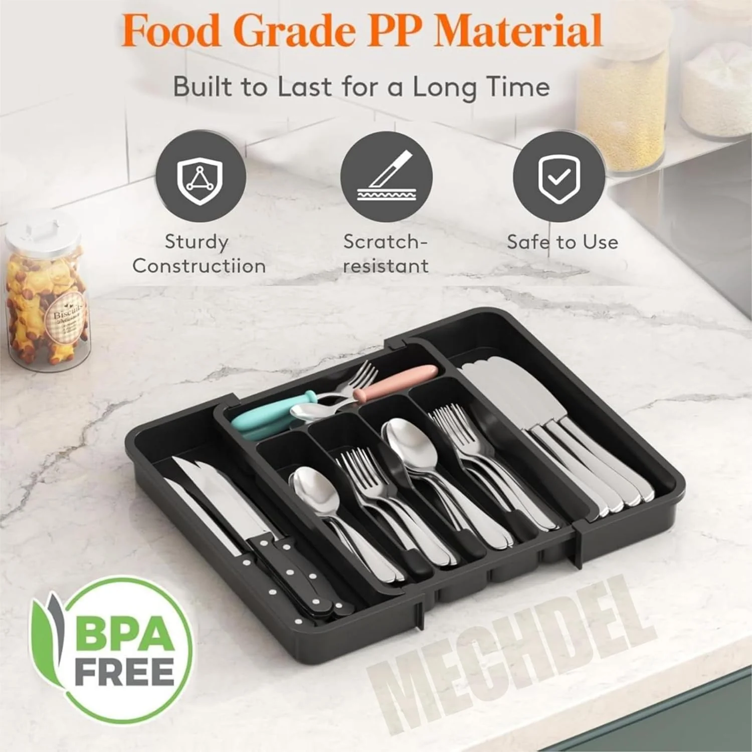 mechdel Drawer Organizer, Expandable BPA Free Utensil Tray for Kitchen, Adjustable Flatware and Cutlery Holder for Spoons Forks Knives, Plastic Kitchen Organizers and Storage (BLACK, 8-Slots) - Image 5