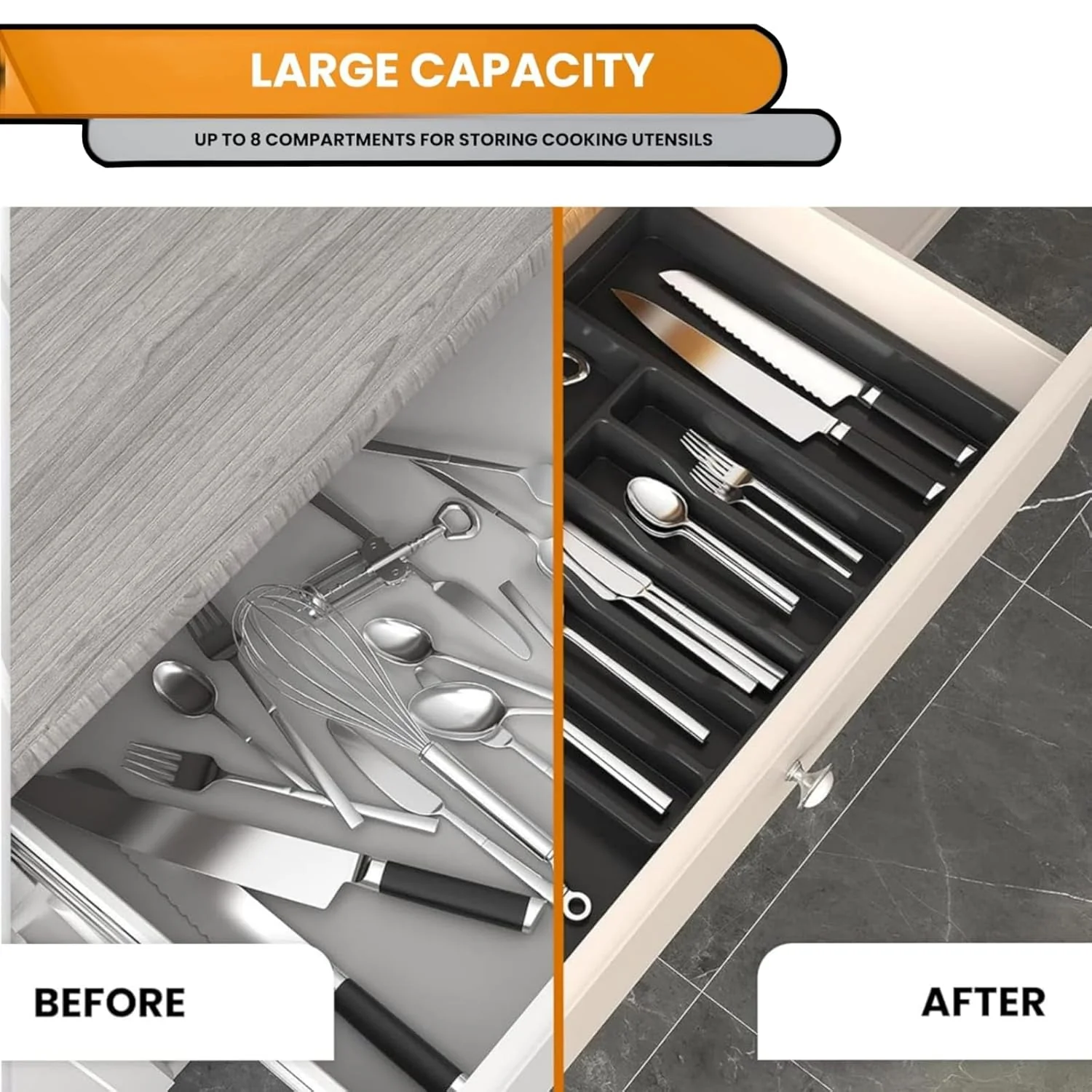 mechdel Drawer Organizer, Expandable BPA Free Utensil Tray for Kitchen, Adjustable Flatware and Cutlery Holder for Spoons Forks Knives, Plastic Kitchen Organizers and Storage (BLACK, 8-Slots) - Image 6