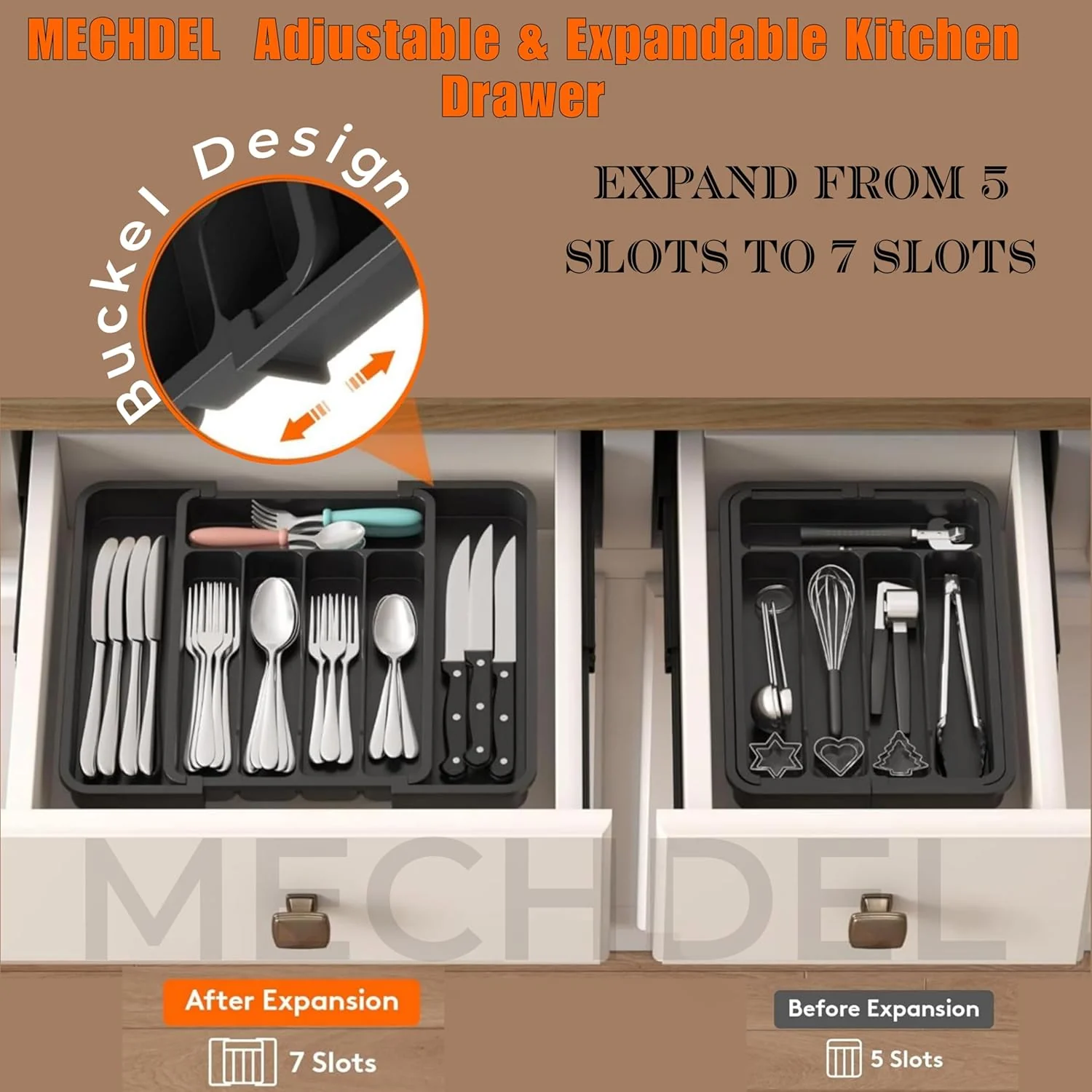 mechdel Drawer Organizer, Expandable BPA Free Utensil Tray for Kitchen, Adjustable Flatware and Cutlery Holder for Spoons Forks Knives, Plastic Kitchen Organizers and Storage (BLACK, 8-Slots) - Image 7