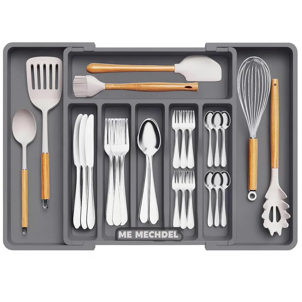 mechdel Drawer Organizer, Expandable BPA Free Utensil Tray for Kitchen, Adjustable Flatware and Cutlery Holder for Spoons Forks Knives, Plastic Kitchen Organizers and Storage (BLACK, 8-Slots) - Image 8