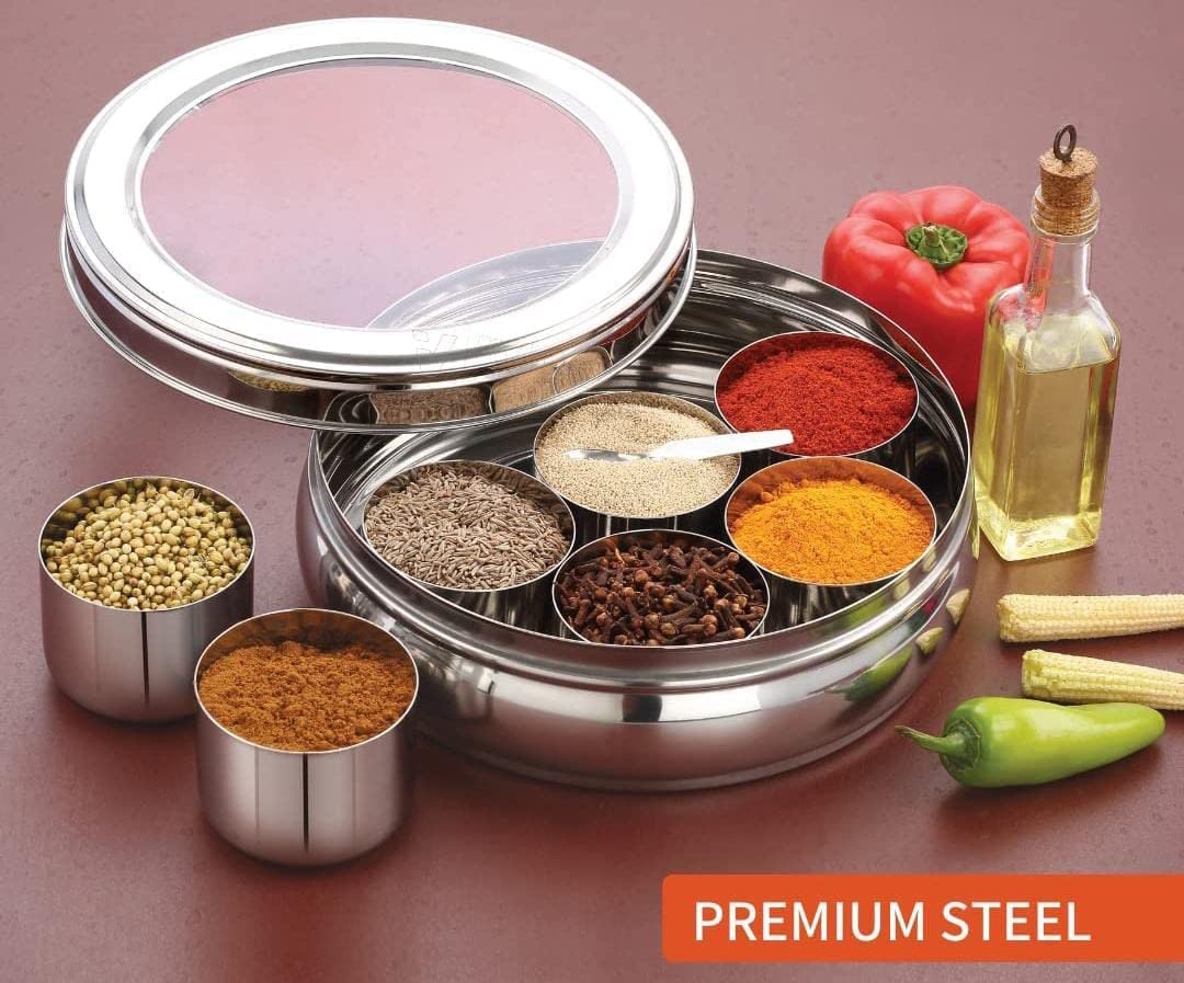 MECHDEL Masala Dabba | Masala Box Stainless Steel For Kitchen | Masala Dani | Spice Storage Container (Glass Lid, 1200Ml), Silver - Image 3