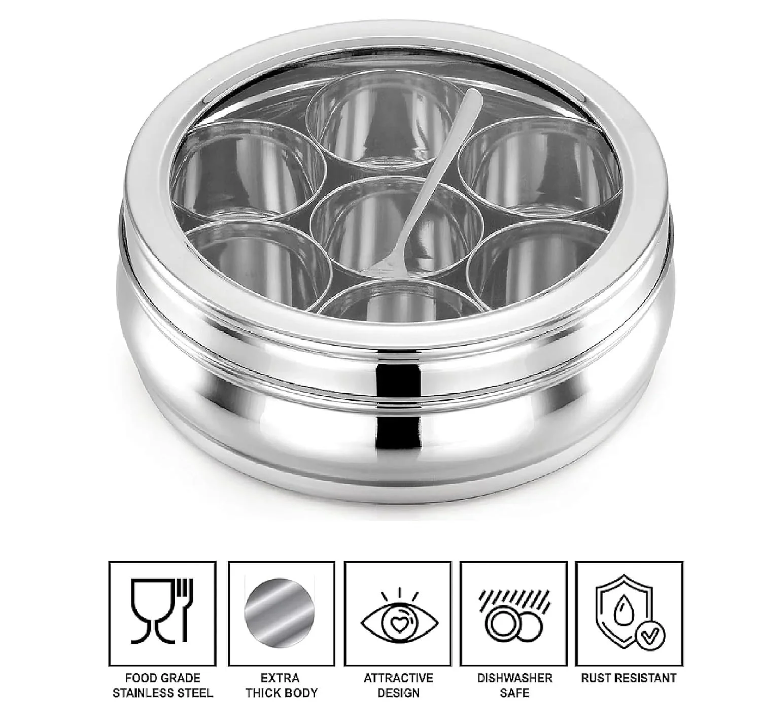 MECHDEL Masala Dabba | Masala Box Stainless Steel For Kitchen | Masala Dani | Spice Storage Container (Glass Lid, 1200Ml), Silver - Image 5