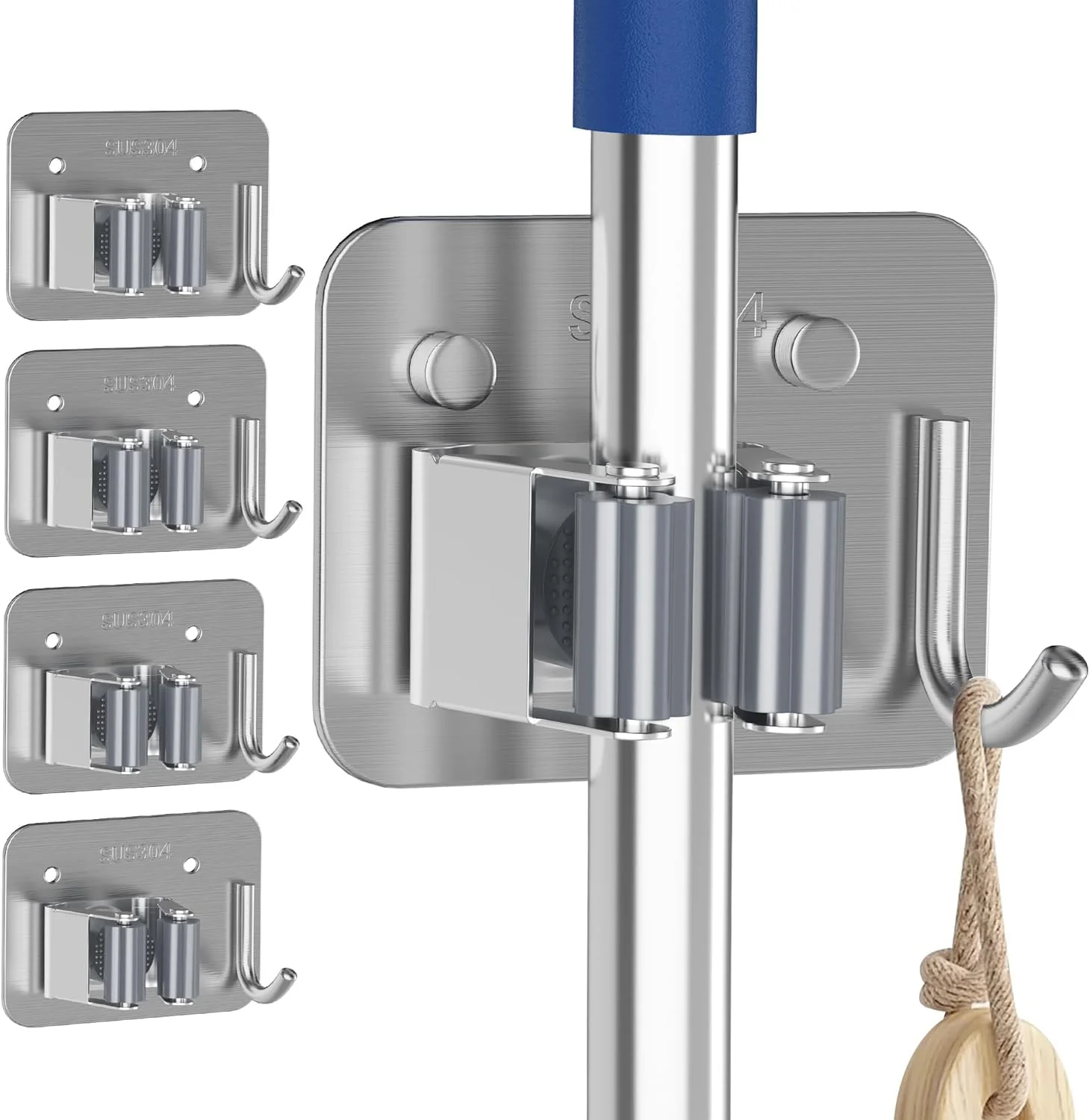 mechdel Mop Holder/Wall Mounted Wiper Holder/Storage Organizers/Drill-Free Broom Stick Stand for Home/Indoor-Outdoor (6 Hooks Mop/Broom Holder-Black, 1SET) - Image 15