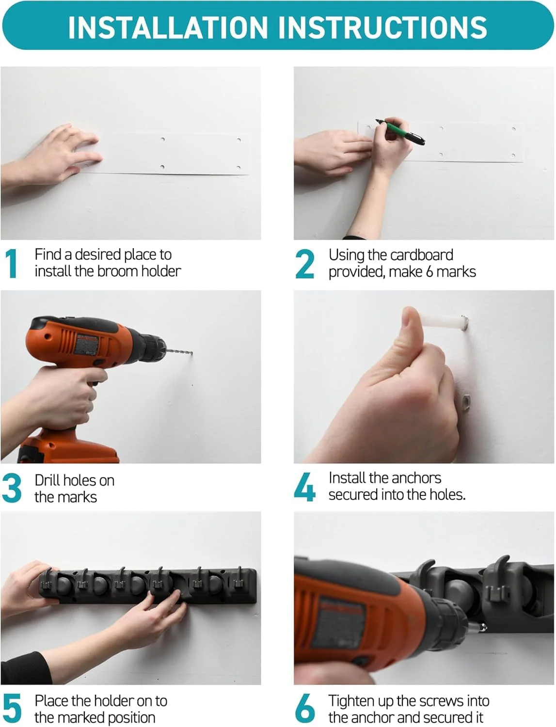 mechdel Mop Holder/Wall Mounted Wiper Holder/Storage Organizers/Drill-Free Broom Stick Stand for Home/Indoor-Outdoor (6 Hooks Mop/Broom Holder-Black, 1SET) - Image 3