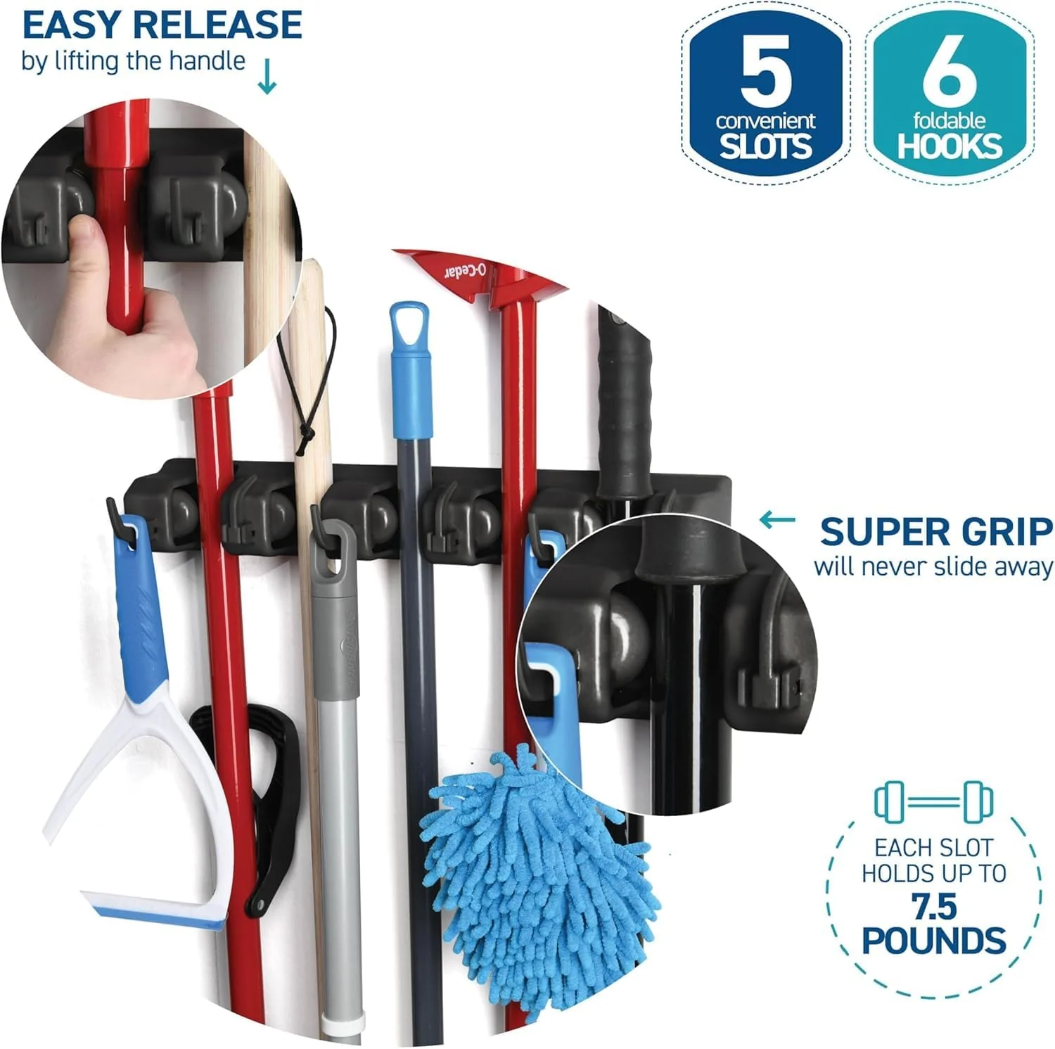 mechdel Mop Holder/Wall Mounted Wiper Holder/Storage Organizers/Drill-Free Broom Stick Stand for Home/Indoor-Outdoor (6 Hooks Mop/Broom Holder-Black, 1SET) - Image 6