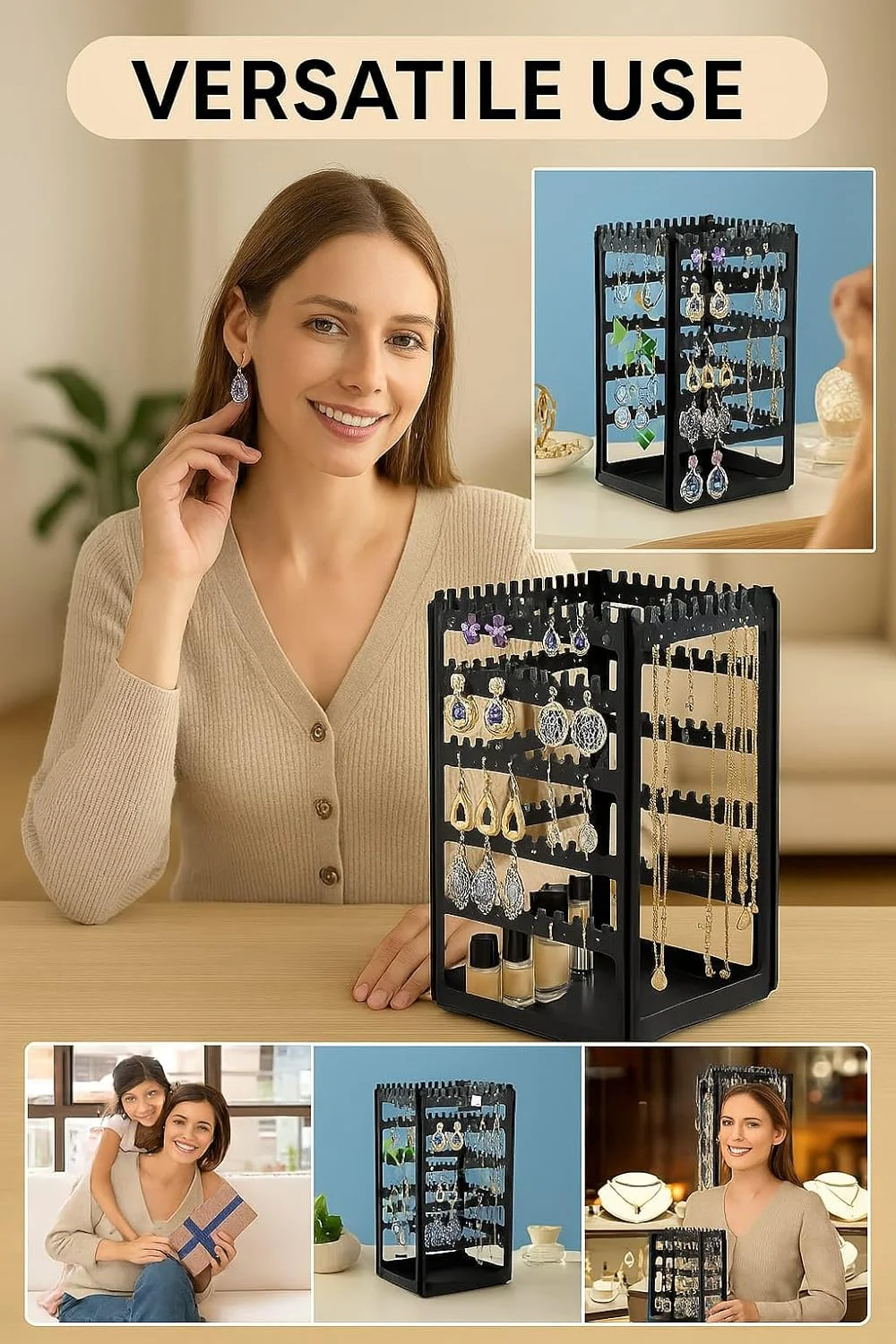 mechdel Plastic Rotating Earrings Stand Jewelry Display Organiser/Earrings Organiser/Jewellery Towers/Jewellery Stands/Earring Organizer Box/Chain Organiser (Rotating Earrings Organizer-Black, 1-SET) - Image 3