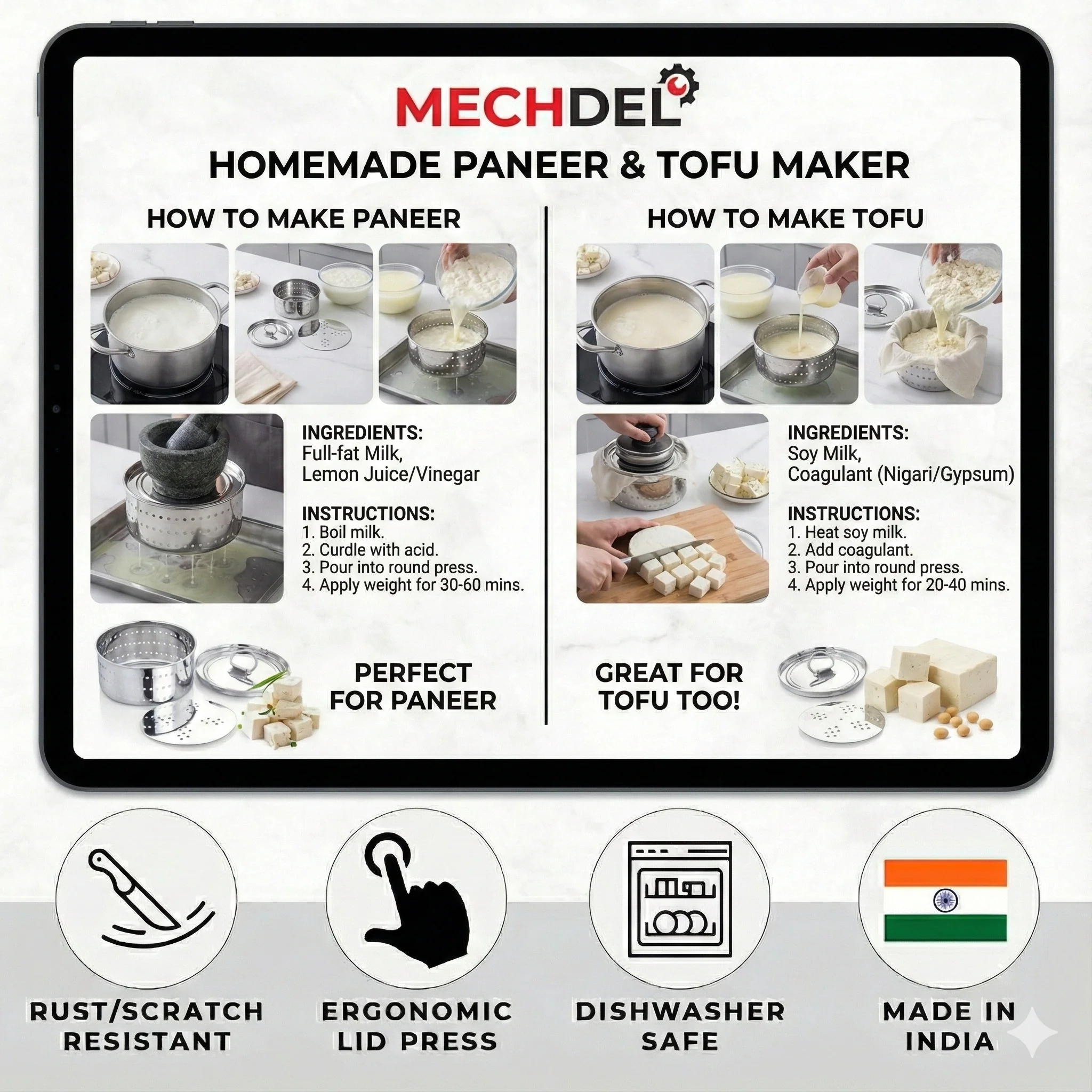 MECHDEL Stainless Steel Paneer Press Maker - Easy to Use Round Shape Mould Machine for Perfect Homemade Tofu or Paneer - Image 5