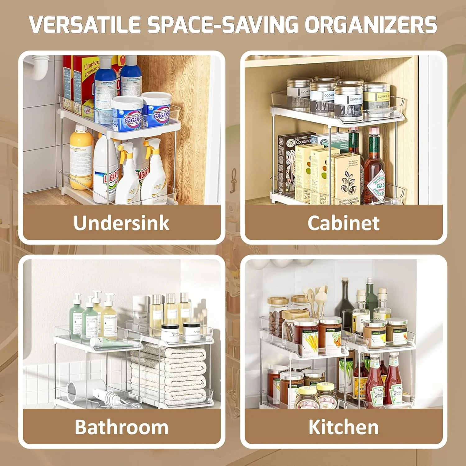 MECHDEL Tier Under Sink Organiser/Clear Bathroom Cabinets/Vanity Countertop Storage Container/Medicine Cabinet/Pull-Out Organization with Track for Pantry/Kitchen (2 Tier Under Sink Organiser) - Image 4