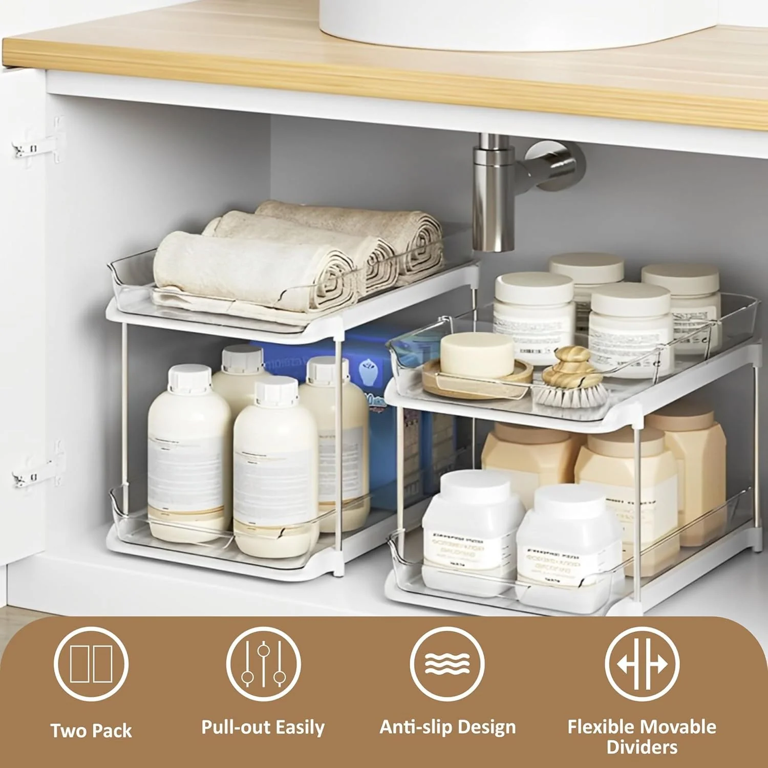 MECHDEL Tier Under Sink Organiser/Clear Bathroom Cabinets/Vanity Countertop Storage Container/Medicine Cabinet/Pull-Out Organization with Track for Pantry/Kitchen (2 Tier Under Sink Organiser) - Image 5